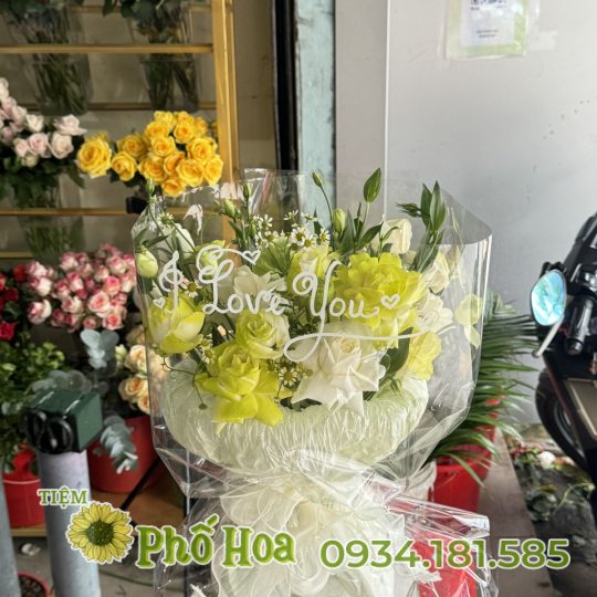 Bó hoa xanh pơ mix hồng trắng & cát tường