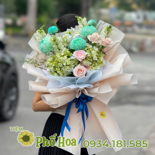 Hoa bó cẩm tú cầu mix cúc mẫu đơn