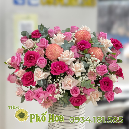 giỏ hoa chúc mừng tông hồng